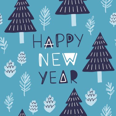 Çam ağaçları, dallar ve koniler üzerinde yeni yılın kutlu olsun yazılı olduğu şirin karalama tarzında vektörsüz desen. Noel kartları, posterler, afişler ve diğer grafik ve web tasarımı için ideal