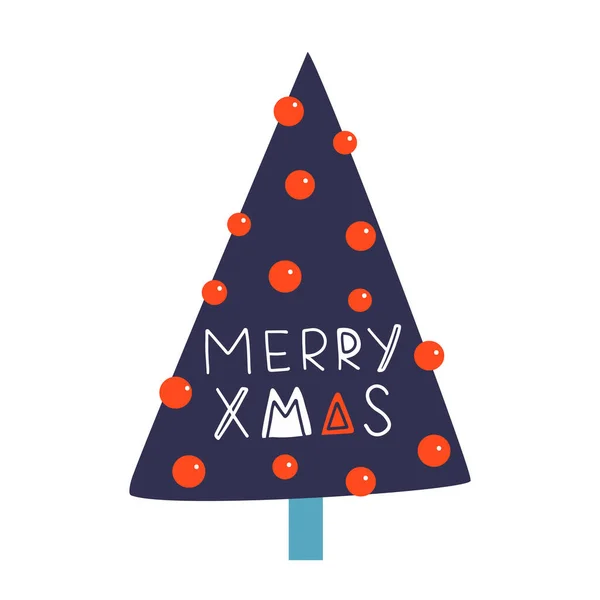 Christmas Tree Inscription Merry Xmas Vector Illustration Red Balls Typographic — Stock Vector