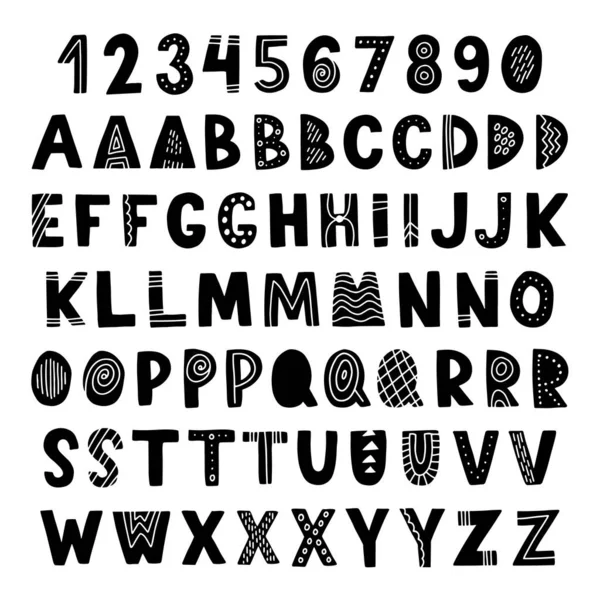 Scandinavische Vector Alfabet Met Cijfers Voor Kinderen Handgetekend Grafisch Lettertype — Stockvector