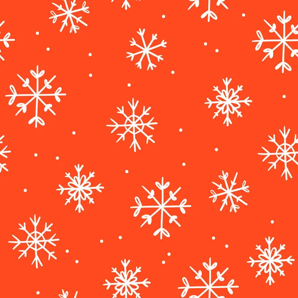 雪片シームレスパターン クリスマスの赤い背景 降雪は背景を繰り返す 冬の雪のフレークがフラットデザインを落下 — ストックベクタ