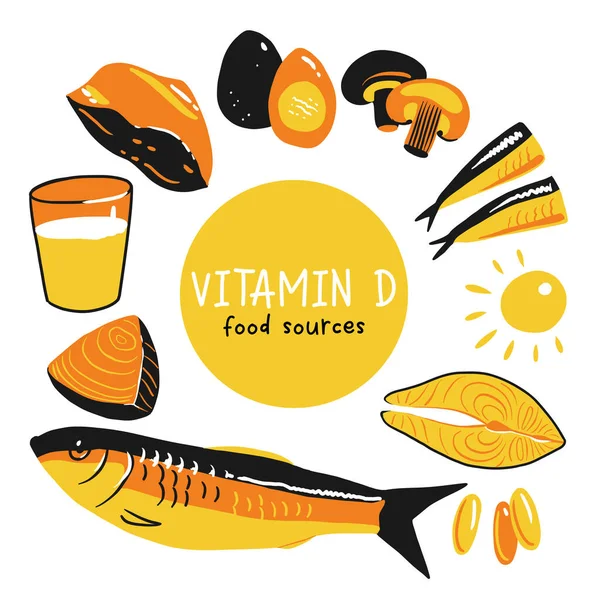Recogida Fuentes Vitamina Alimentos Enriquecidos Con Colecalciferol Productos Lácteos Pescado — Vector de stock
