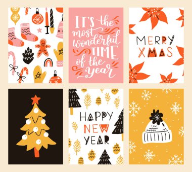 Noel afiş şablonlarının vektör koleksiyonu. 2023 yılbaşı tebrik kartı seti. Parlak renkler. hediyeler ve el yazması mektuplar davet ve tasarım için.