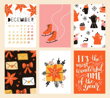 Noel afiş şablonlarının vektör koleksiyonu. 2023 yılbaşı tebrik kartı seti. Parlak renkler. hediyeler ve el yazması mektuplar davet ve tasarım için.