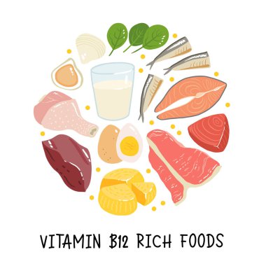B12 vitamini koleksiyonu. Peynir, yumurta, midye, sığır eti, hindi, süt, ciğer, ıspanak, sardalya, ton balığı, somon. Diyet ürünleri, organik doğal beslenme. Düz vektör karikatür çizimi