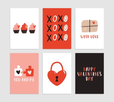 6 tane hazır hediye kartpostalı seti. Hediyeler, kalpler, kupalar. Sevgililer Günü kartı, davetiye, yumuşak renkli poster ve şablon tasarımının vektör yazdırılabilir koleksiyonu