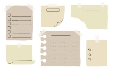 Çeşitli kağıt notların koleksiyonu. Yapılacaklar listesi, planlayıcı, anılar için boş kâğıt notlar. Çıkartmalar ve çeşitli koli bantları. Vektör planlayıcı şablonu.