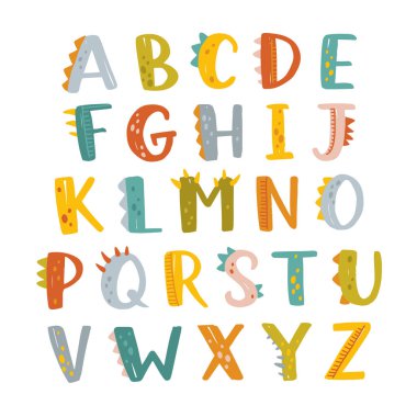 Çizgi film tarzında beyaz arkaplanlı komik komik Dino alfabesi. Çocuklar için parlak modern illüstrasyon, bebek odası, poster, kart, doğum günü partisi, ambalaj kağıdı tasarımı, bebek tişörtü.