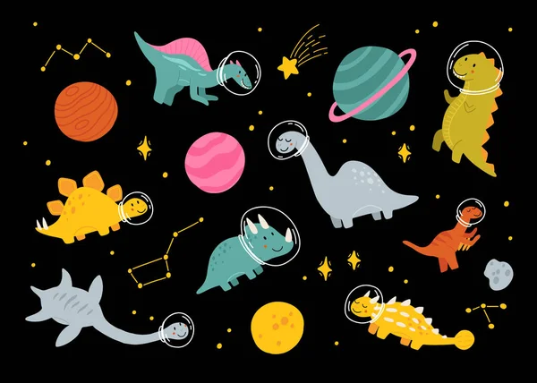 Aranyos Dinoszauruszok Űrben Kézzel Rajzolt Vektor Színes Karakterek Készlet Sketch — Stock Vector