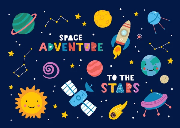 Big Set Cute Funny Objects Space Planets Stars Quotes Constellation — 스톡 벡터