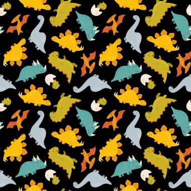 Şirin bebek dinozorlarla kusursuz bir model. El çizimi brontozor, tyrannosaurus, pterodactyl, triceratops, stegosaurus. Beyaz arkaplanda izole edilmiş düz çizgi film vektör çizimleri