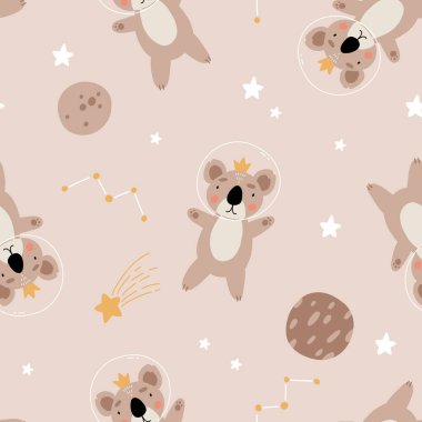 Seamless childish pattern with astronaut koala, planet, stars and constellation. Creative scandinavian kids texture for fabric, wrapping, textile, wallpaper, apparel.