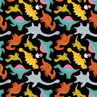 Vector seamless pattern with cute baby dinosaurs. Hand drawn spinosaurus, plesiosaurus, ankylosaurus, velociraptor, parasaurolophus. Set of flat cartoon dinosaurus.