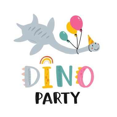 İyi ki doğdun Komik dinozorlu ve hediyeli güzel bir vektör çizimi. El yazısı, tebrik kartı ya da çocuk odası dekorasyonu afişi. Düz çizgi film dino karakteri ve harfleri