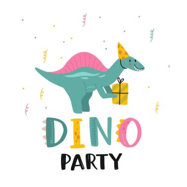 İyi ki doğdun Komik dinozorlu ve hediyeli güzel bir vektör çizimi. El yazısı, tebrik kartı ya da çocuk odası dekorasyonu afişi. Düz çizgi film dino karakteri ve harfleri