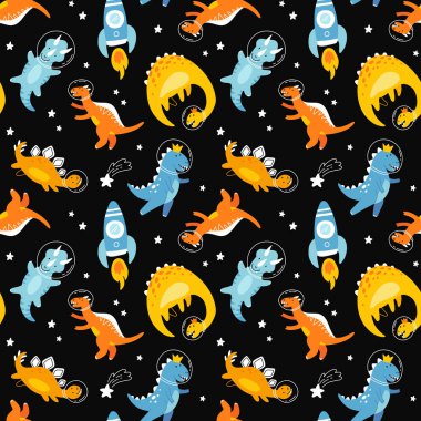 Dino in space seamless pattern. Cute dragon characters, dinosaur traveling galaxy with stars, planets. Kids cartoon vector background. Illustration of astronaut dragon, kids wrapping with cosmic dino clipart