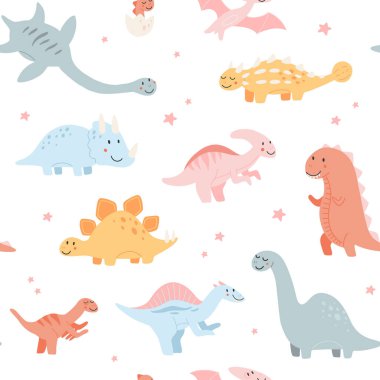 Vector seamless pattern with baby dinosaurs. brontosaurus, tyrannosaurus, pterodactyl, triceratops, stegosaurus, spinosaurus, plesiosaurus, ankylosaurus, velociraptor, parasaurolophus pastel colors