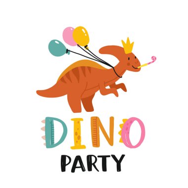 İyi ki doğdun Komik dinozorlu ve hediyeli güzel bir vektör çizimi. El yazısı, tebrik kartı ya da çocuk odası dekorasyonu afişi. Düz çizgi film dino karakteri ve harfleri