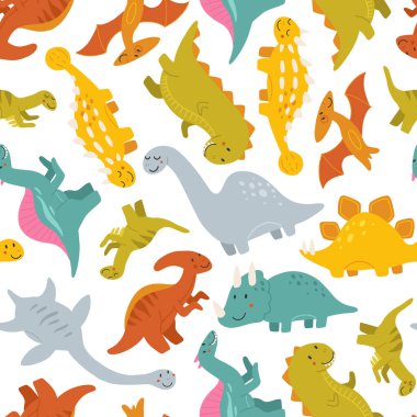 Şirin bebek dinozorlarla kusursuz bir model. El çizimi brontozor, tyrannosaurus, pterodactyl, triceratops, stegosaurus, spinosaurus, plesiosaurus, ankylosaurus, velociraptor, parasaurolophus