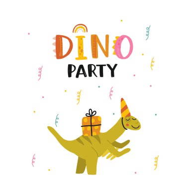 İyi ki doğdun Komik dinozorlu ve hediyeli güzel bir vektör çizimi. El yazısı, tebrik kartı ya da çocuk odası dekorasyonu afişi. Düz çizgi film dino karakteri ve harfleri