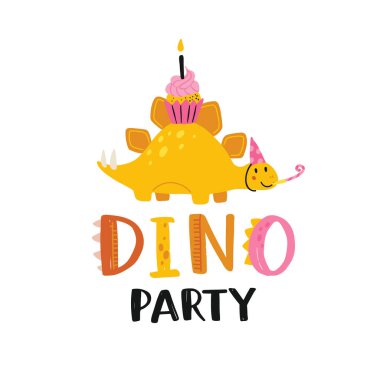 İyi ki doğdun Komik dinozorlu ve hediyeli güzel bir vektör çizimi. El yazısı, tebrik kartı ya da çocuk odası dekorasyonu afişi. Düz çizgi film dino karakteri ve harfleri