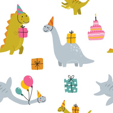 Cartoon cute dinosaurs seamless pattern for birthday party. Baby Dino with balloons and cake. Jurassic colorful animals. Prehistoric kids collection. Dragons in nordic style.