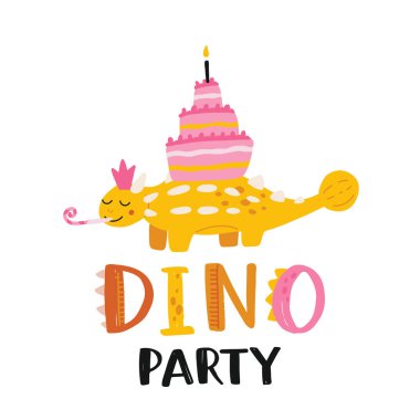 İyi ki doğdun Komik dinozorlu ve hediyeli güzel bir vektör çizimi. El yazısı, tebrik kartı ya da çocuk odası dekorasyonu afişi. Düz çizgi film dino karakteri ve harfleri