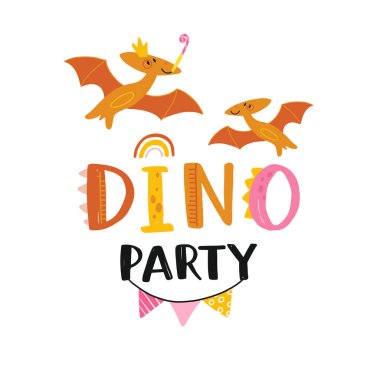 İyi ki doğdun Komik dinozorlu ve hediyeli güzel bir vektör çizimi. El yazısı, tebrik kartı ya da çocuk odası dekorasyonu afişi. Düz çizgi film dino karakteri ve harfleri