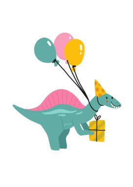 İyi ki doğdun Komik dinozorlu ve hediyeli güzel bir vektör çizimi. El yazısı, tebrik kartı ya da çocuk odası dekorasyonu afişi. Düz çizgi film dino karakteri ve harfleri