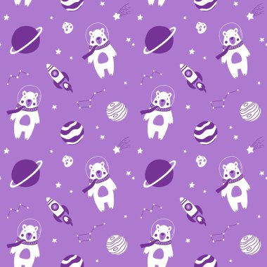 Seamless monochrome childish pattern with astronaut polar bears, planet, stars and constellation. Creative scandinavian kids texture for fabric, wrapping, textile, wallpaper, apparel.