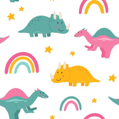 İskandinav tarzında dinazorlarla aynı deseni tekrarlayan kusursuz bir renk. Elle çizilmiş dinozorlarla çocuksu, pürüzsüz bir düzen. Dinozorların vektör çizimi. Vektör stok illüstrasyonu.