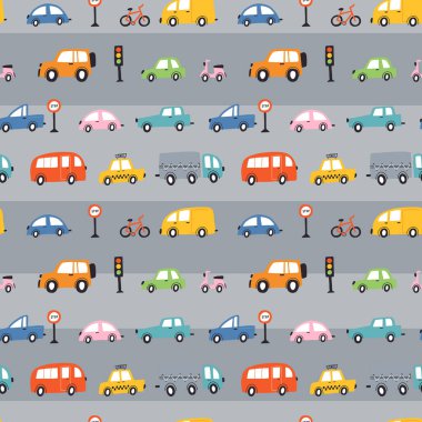 Elle çizilmiş çizgi arabalarla kusursuz çocuksu bir model. Kumaş, ambalaj, tekstil, duvar kâğıdı ve giysi için yaratıcı çocuk dokusu. Vektör illüstrasyonu