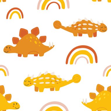 İskandinav tarzında dinazorlarla aynı deseni tekrarlayan kusursuz bir renk. Elle çizilmiş dinozorlarla çocuksu, pürüzsüz bir düzen. Dinozorların vektör çizimi. Vektör stok illüstrasyonu.
