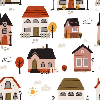 Seamless Scandinavian town pattern. Endless background with cute small houses, trees. Repeating print of sweet homes in Nordic Scandi style. Repeatable texture. Colored flat vector illustration