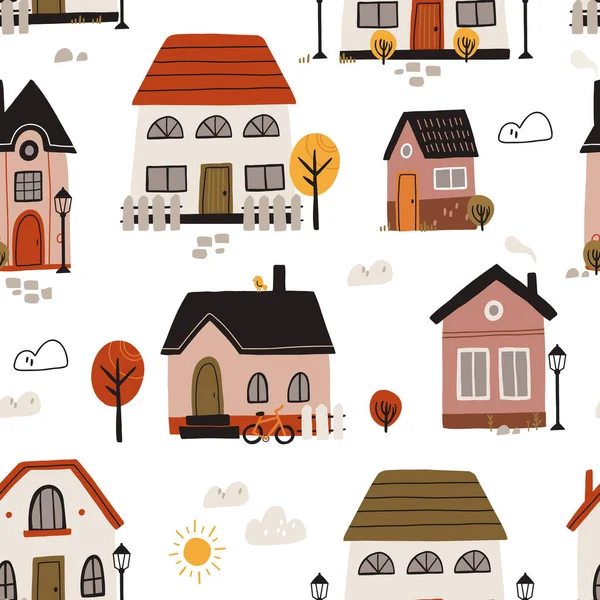 Seamless Scandinavian town pattern. Endless background with cute small houses, trees. Repeating print of sweet homes in Nordic Scandi style. Repeatable texture. Colored flat vector illustration