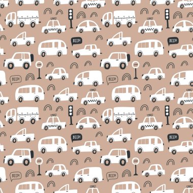 Elle çizilmiş çizgi arabalarla kusursuz çocuksu bir model. Kumaş, ambalaj, tekstil, duvar kâğıdı ve giysi için yaratıcı çocuk dokusu. Vektör illüstrasyonu