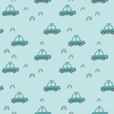 Elle çizilmiş çizgi arabalarla kusursuz çocuksu bir model. Kumaş, ambalaj, tekstil, duvar kâğıdı ve giysi için yaratıcı çocuk dokusu. Vektör illüstrasyonu