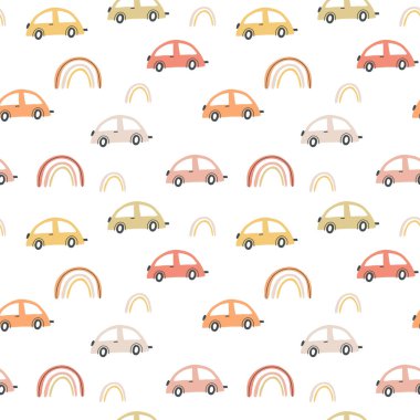 Elle çizilmiş çizgi arabalarla kusursuz çocuksu bir model. Kumaş, ambalaj, tekstil, duvar kâğıdı ve giysi için yaratıcı çocuk dokusu. Vektör illüstrasyonu