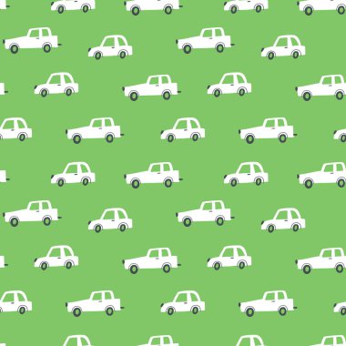 Elle çizilmiş çizgi arabalarla kusursuz çocuksu bir model. Kumaş, ambalaj, tekstil, duvar kâğıdı ve giysi için yaratıcı çocuk dokusu. Vektör illüstrasyonu