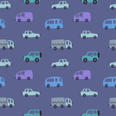 Elle çizilmiş çizgi arabalarla kusursuz çocuksu bir model. Kumaş, ambalaj, tekstil, duvar kâğıdı ve giysi için yaratıcı çocuk dokusu. Vektör illüstrasyonu