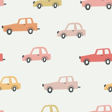 Elle çizilmiş çizgi arabalarla kusursuz çocuksu bir model. Kumaş, ambalaj, tekstil, duvar kâğıdı ve giysi için yaratıcı çocuk dokusu. Vektör illüstrasyonu