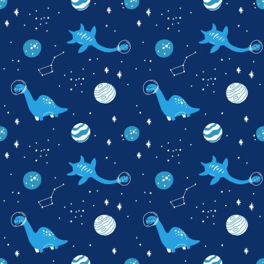 Uzayda Dino sorunsuz desen. Sevimli ejderha karakterleri, dinozor yıldız, gezegenler ile galaksi seyahat. Çocuklar karikatür vektör arka plan. Astronot ejderha İllüstrasyon, kozmik dino ile sarma çocuklar