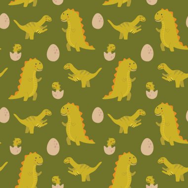 İskandinav tarzında dinazorlarla aynı deseni tekrarlayan kusursuz bir renk. Elle çizilmiş dinozorlarla çocuksu, pürüzsüz bir düzen. Dinozorların vektör çizimi. Vektör stok illüstrasyonu.