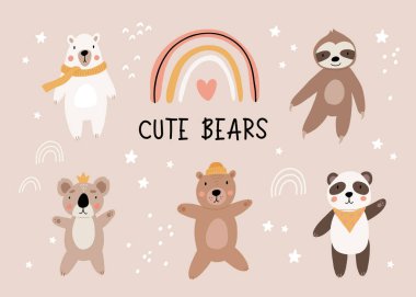 Cute bear set. Panda, koala, grizzly, polar, sloth. Kawaii cartoon character. Baby greeting card template. Notebook cover, tshirt.