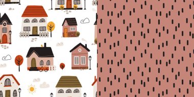 Seamless Scandinavian town pattern. Endless background with cute small houses, autumn trees. Repeating print of sweet homes in Nordic Scandi style. Repeatable texture. Colored flat vector illustration