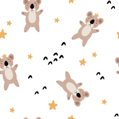 Cute bear seamless pattern. Panda, koala, grizzly, polar, sloth. Kawaii cartoon character. Baby greeting card template. Notebook cover, tshirt.