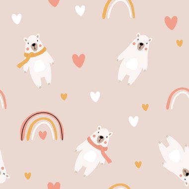 Cute bear seamless pattern. polar bear with hearts and rainbows. Kawaii cartoon character. Baby greeting card template. Notebook cover, tshirt.