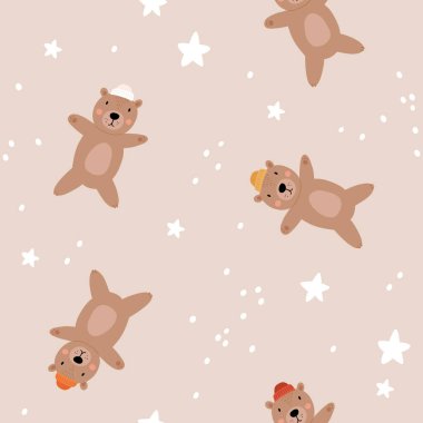 Cute bear seamless pattern. grizzly bear in hat with stars. Kawaii cartoon character. Baby greeting card template. Notebook cover, tshirt.