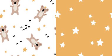 Cute bear seamless pattern. koala with crown and stars. Kawaii cartoon character. Baby greeting card template. Notebook cover, tshirt.