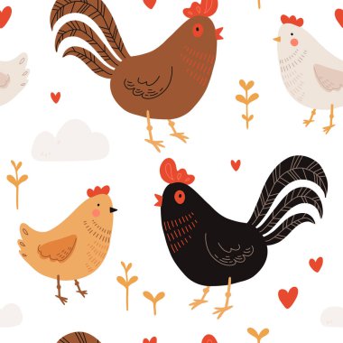 Seamless pattern with rooster, hen and chicks. Chicken with brood. Cute lovely family of domestic fowl or poultry birds. Childish flat cartoon vector illustration.