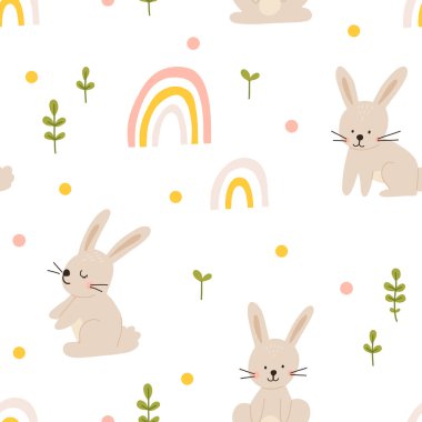 Vector color hand-drawn children cute easter seamless pattern with hens, bunny, easter eggs, flowers in scandinavian style. Easter colorful set. Doodle cartoon spring background. Happy easter.